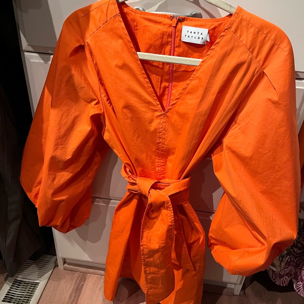 Tanya Taylor Bright Orange Puff-Sleeve Wrap Dress